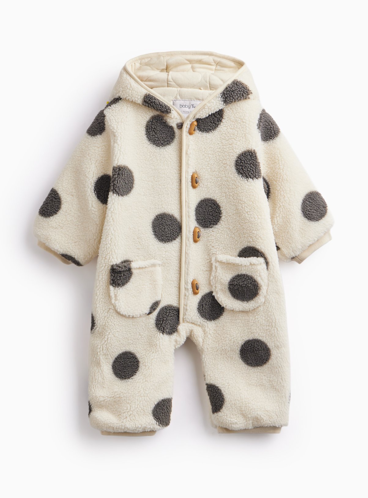Cream Spotted Borg Pramsuit 18-24 months - Image 1 thumbnail